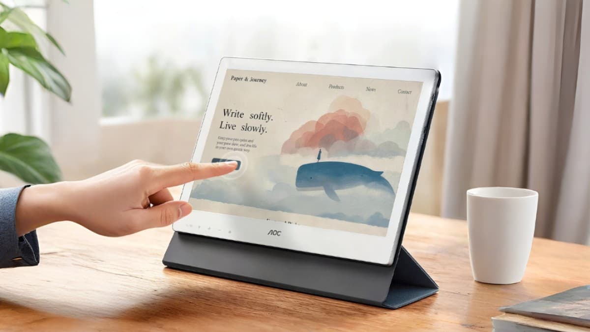 AOC 13T5S 13.3-inch color E Ink portable monitor shown upright on its folding stand