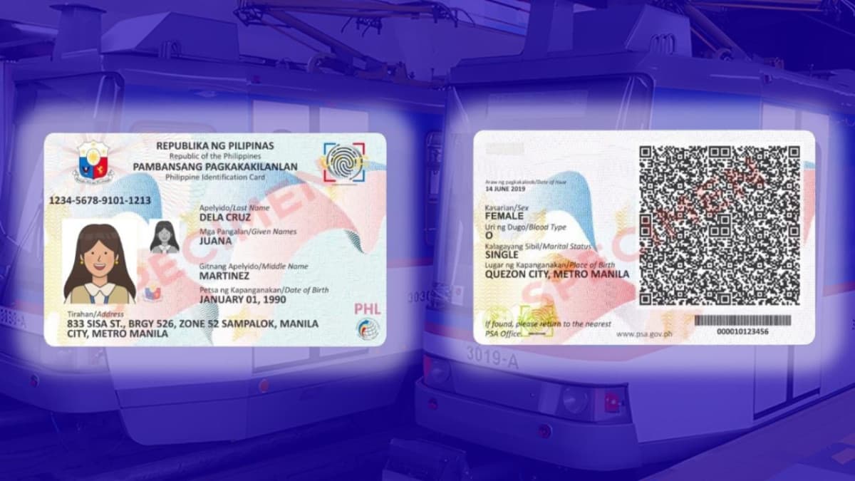 Philippine National ID card shown alongside MRT-3 and LRT-2 branding