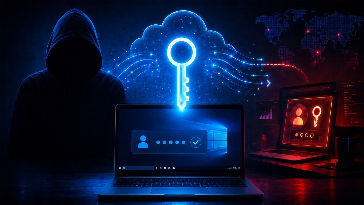 Illustration of a hooded figure beside a glowing passkey symbol
