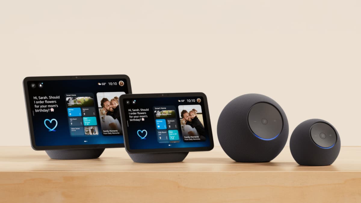 Amazon Echo smart speakers and smart displays lined up as a product family