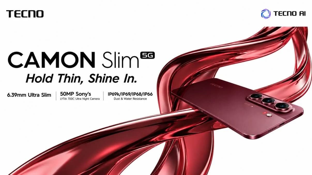 TECNO CAMON Slim 5G smartphone shown in a slim-profile product image