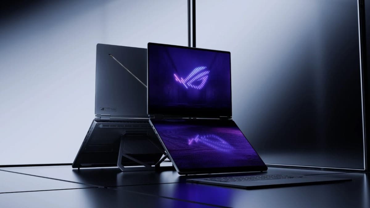 ASUS ROG Zephyrus Duo 2026 laptop open showing both 16-inch OLED displays
