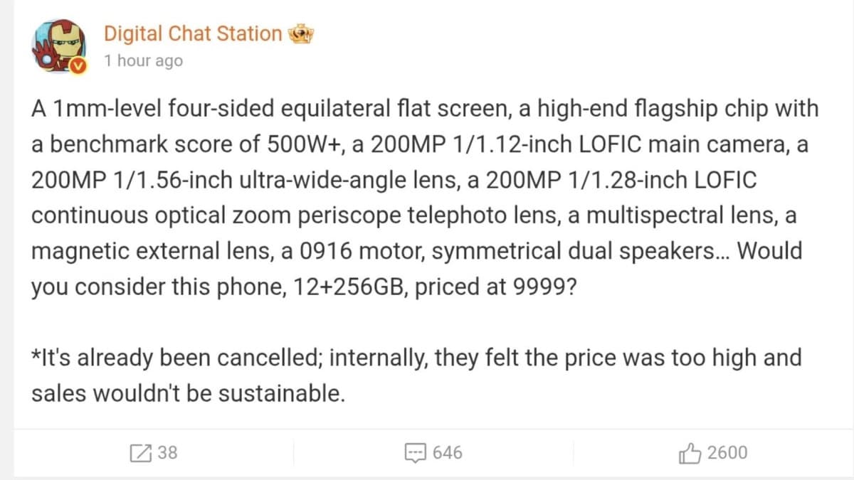 Digital Chat Station's leak post about the canceled Xiaomi 18 Ultra