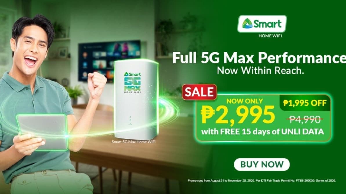 Smart 5G Max Home WiFi router promo banner at 2,995 pesos