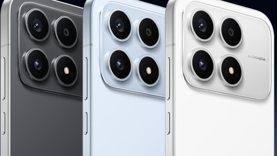 POCO X8s phones in black, blue and white showing their quad-ring rear camera modules