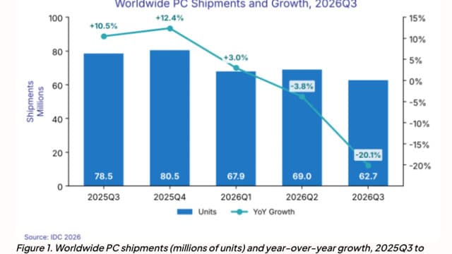 Global PC Shipments Drop 20.1% in Q3 2026 as Memory Costs Bite, and IDC Says High Prices Will Run Into 2027