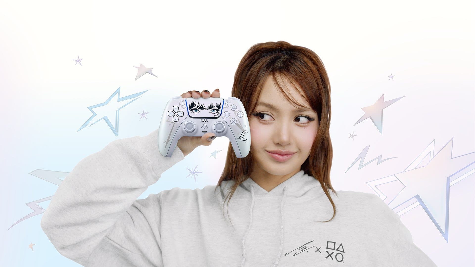 DualSense wireless controller Lisa Limited Edition in Chroma Pearl with Lisa's face on the touch pad