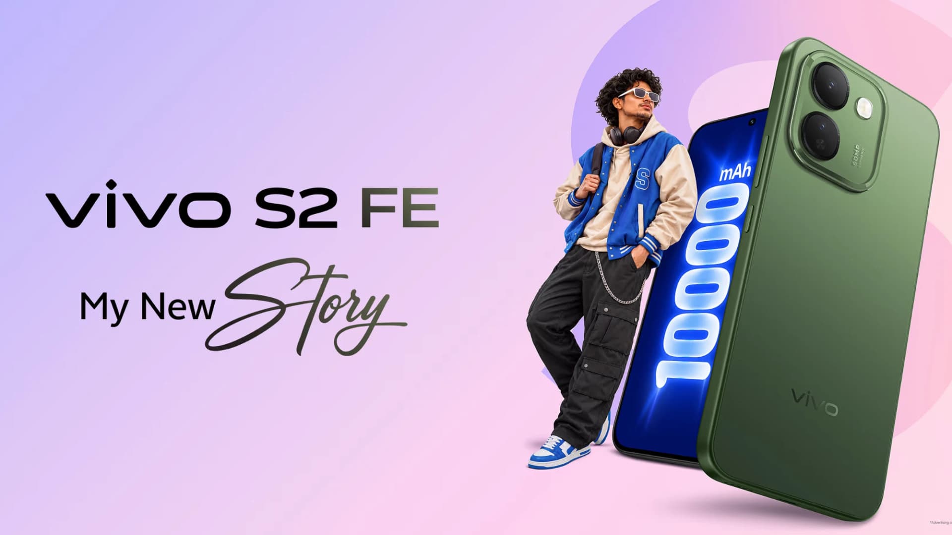 vivo S2 FE smartphone shown in Stellar Green, Titan Black, and Zen White