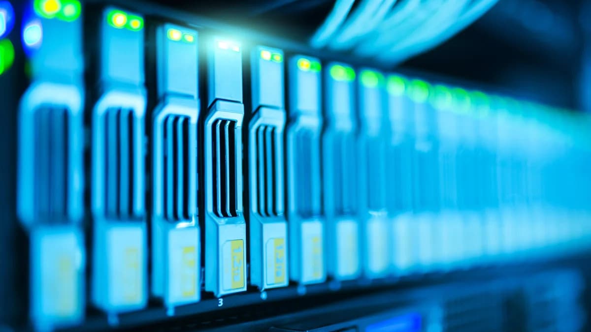 Rows of server racks inside a data center