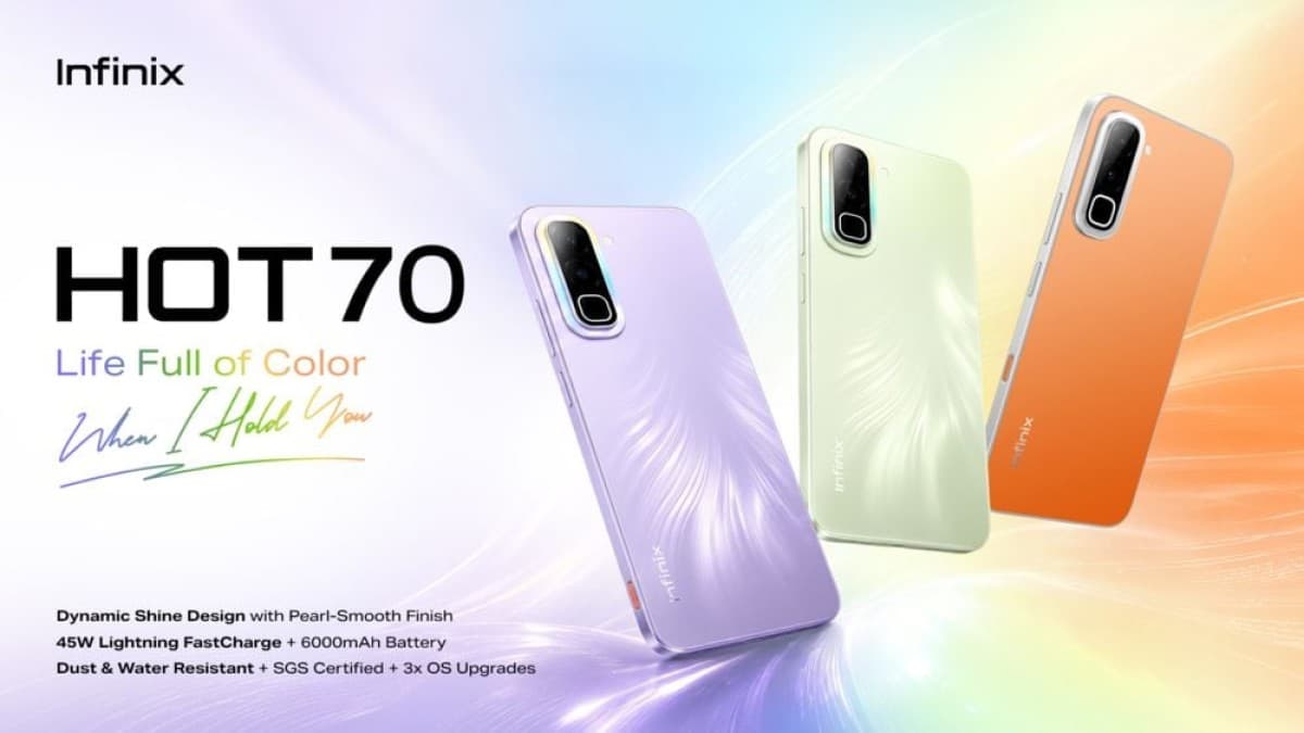 Infinix HOT 70 smartphones showing the Dynamic Shine Design color variants