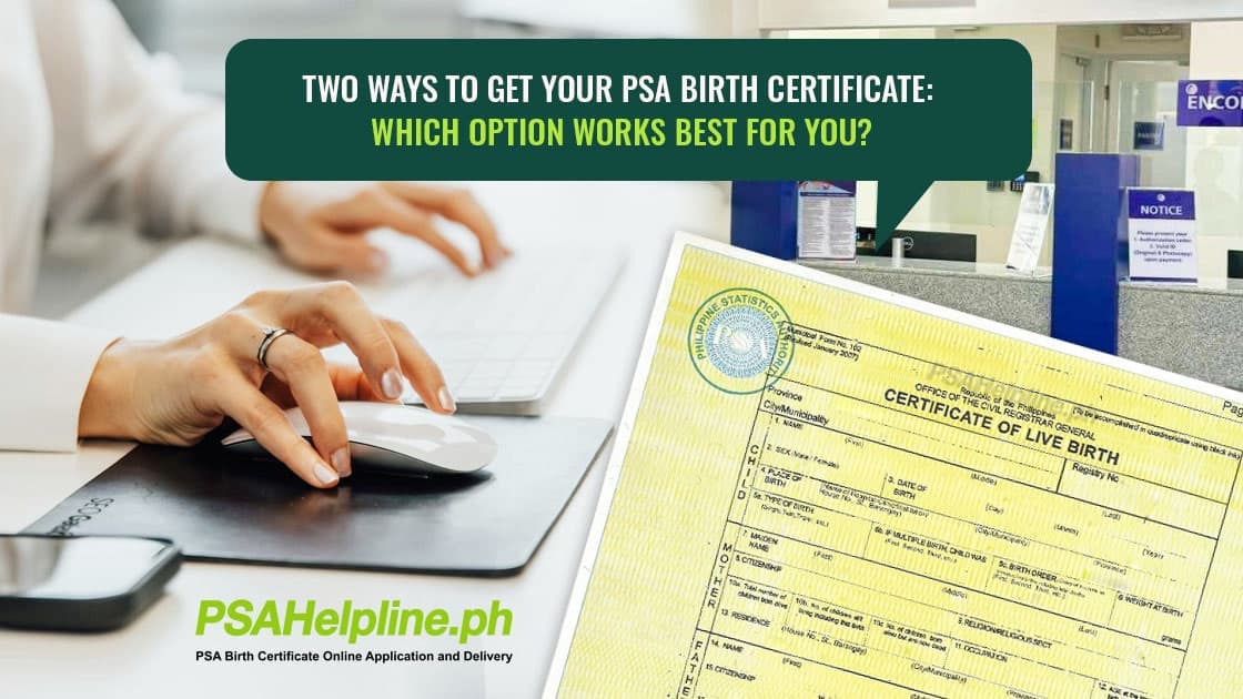 PSAHelpline.ph banner on getting a PSA birth certificate online or in person