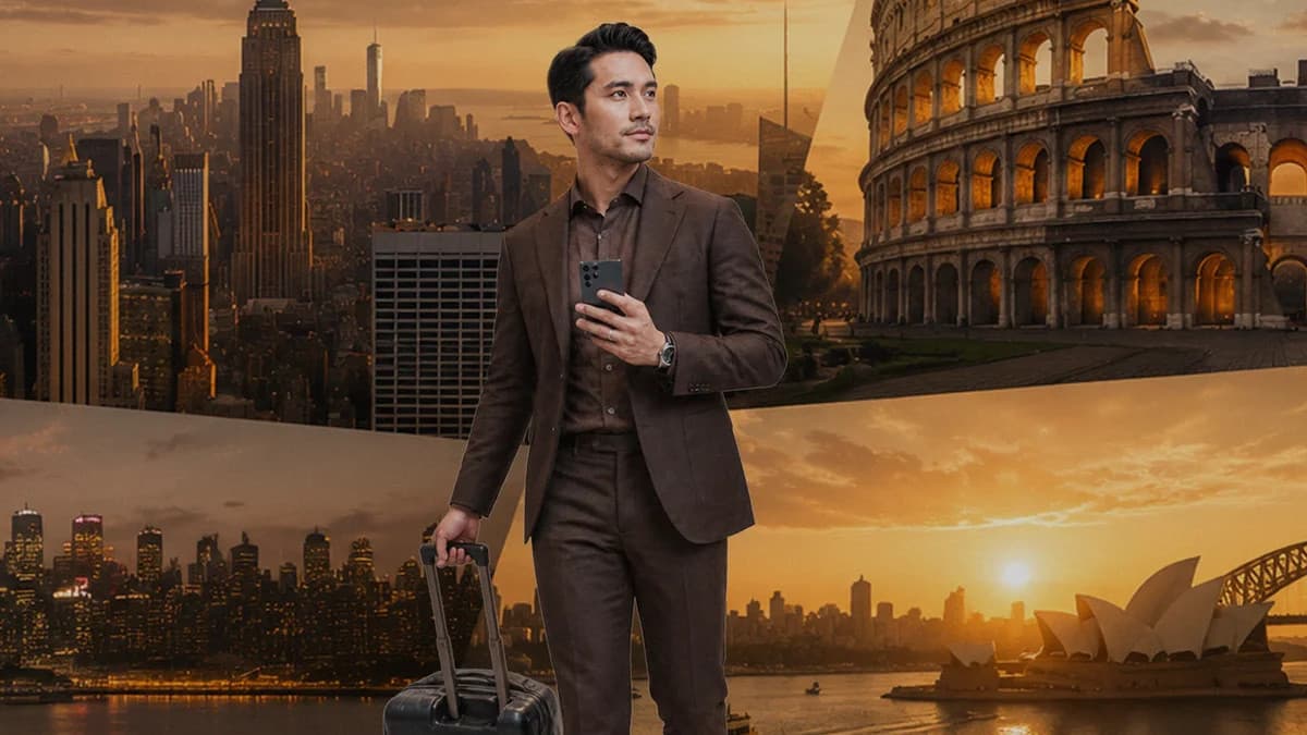 Traveler holding a phone and suitcase in front of New York, Colosseum, and Sydney Opera House scenes