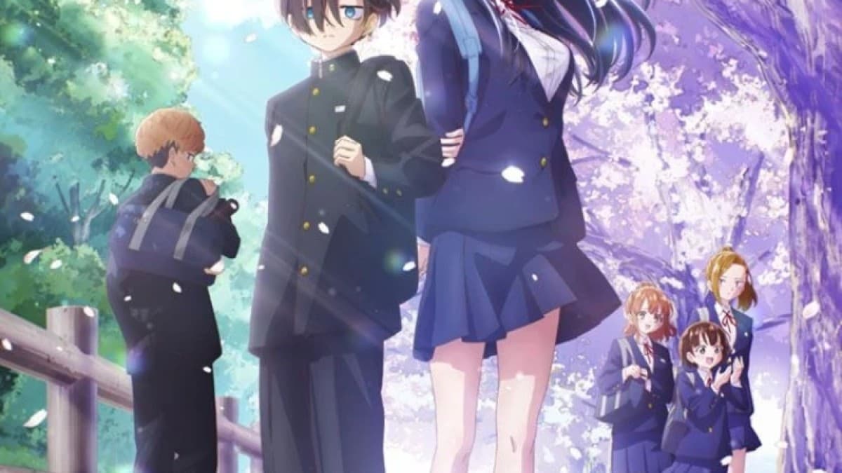 Kyotaro Ichikawa and Anna Yamada beneath cherry blossoms in the key visual for The Dangers in My Heart: The Movie