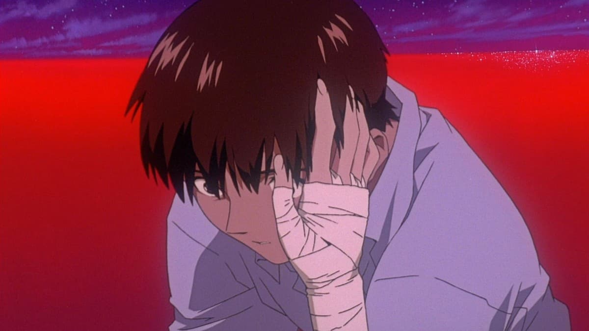 Shinji Ikari in an iconic scene from The End of Evangelion anime film
