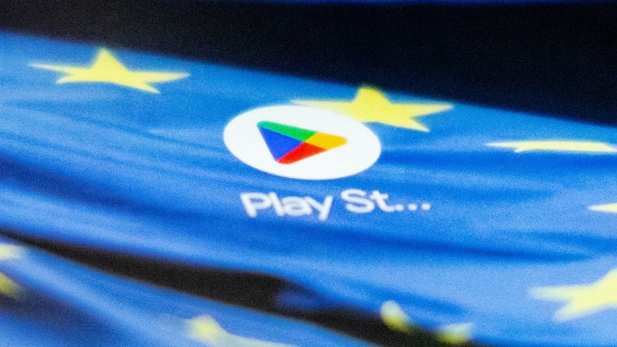 Google Play Store logo shown against a European Union flag