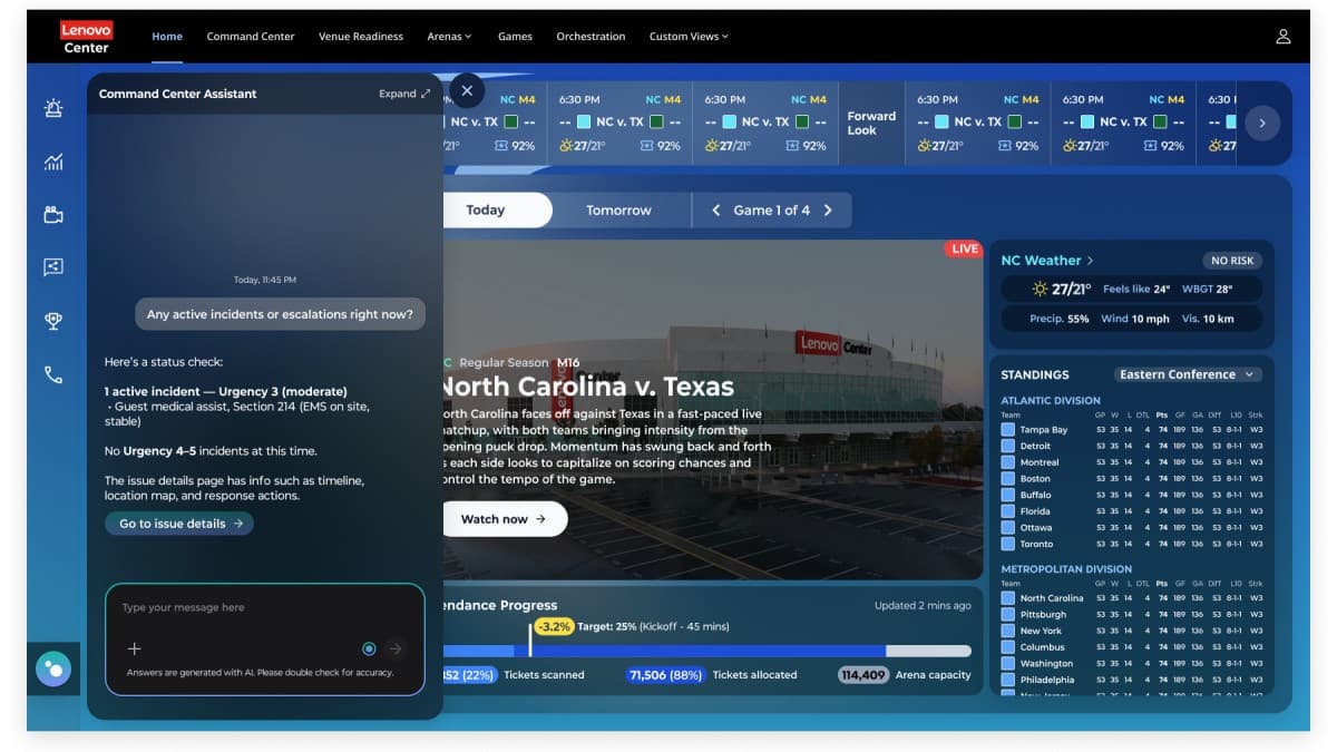 Lenovo Intelligent Command Center interface showing a stadium view and live operational dashboards for FIFA World Cup 2026