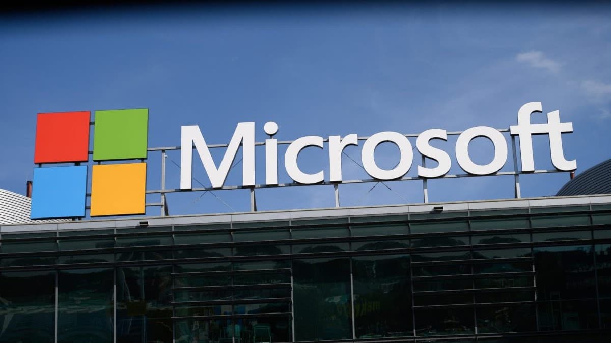 Microsoft logo signage at an office building