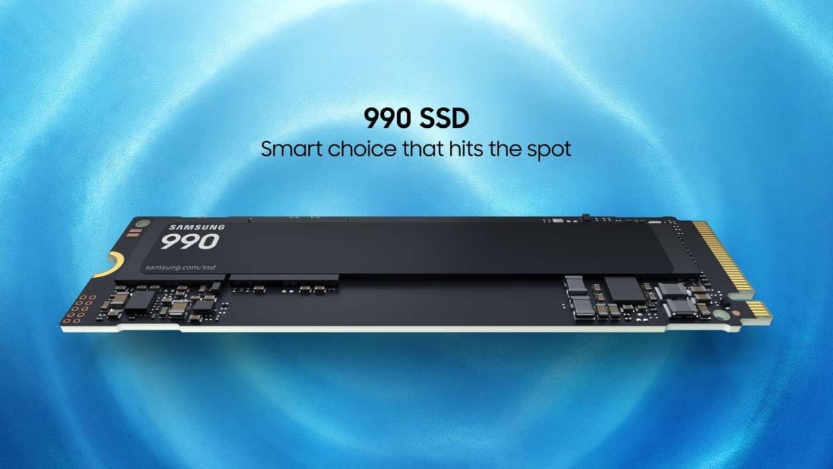 Samsung 990 SSD M.2 2280 NVMe solid-state drive on a plain background