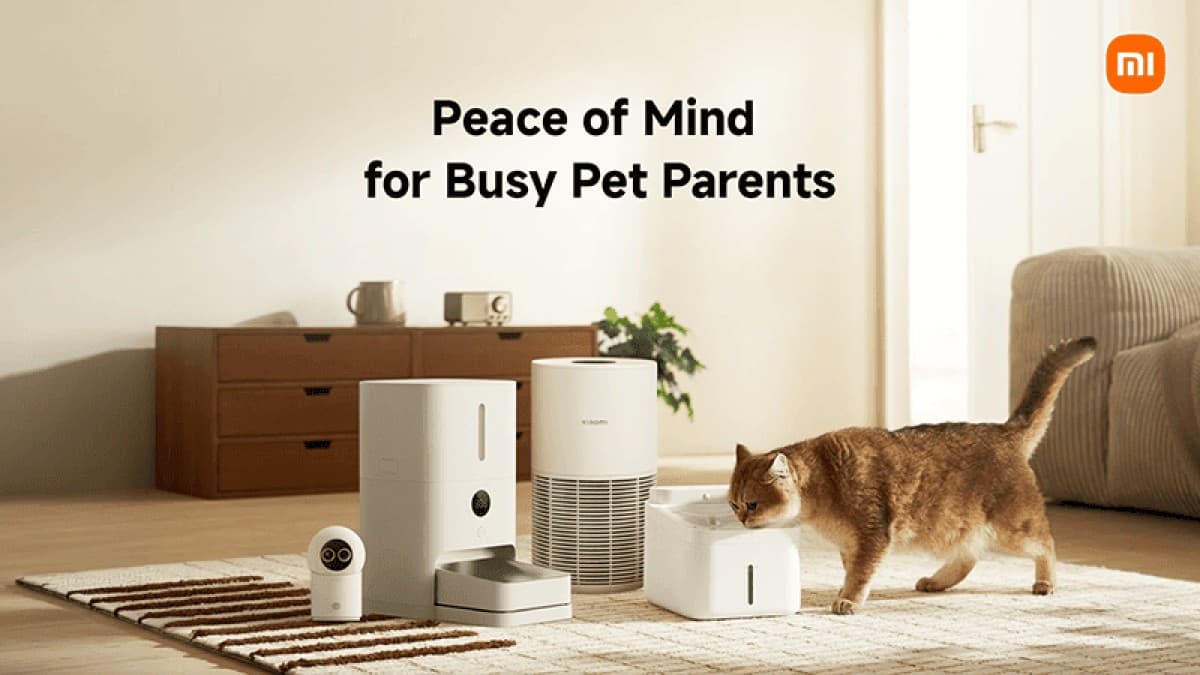 Xiaomi Smart Cam C701 Pro shown with three other Xiaomi smart pet appliances