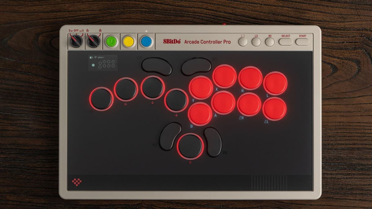 8BitDo Arcade Controller Pro in white showing the built-in display and leverless button layout