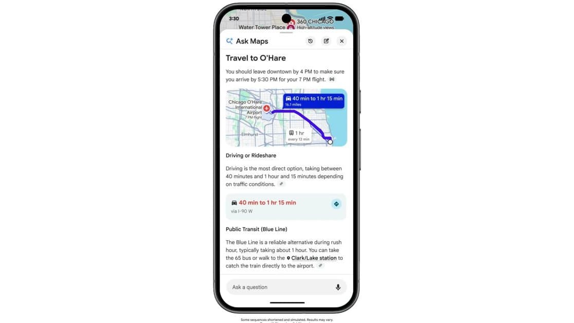 Ask Maps conversational AI feature shown in the Google Maps app