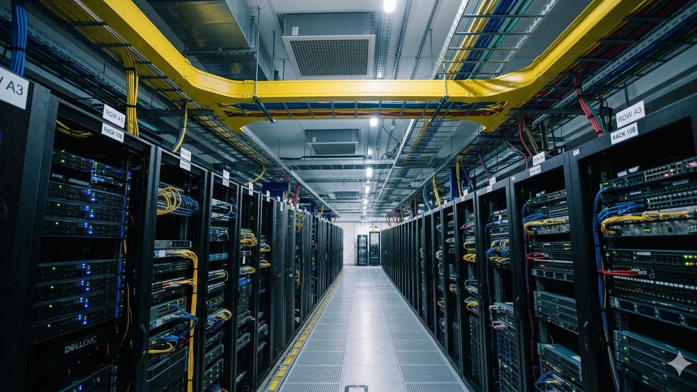 Rows of server racks lining an aisle inside a data center