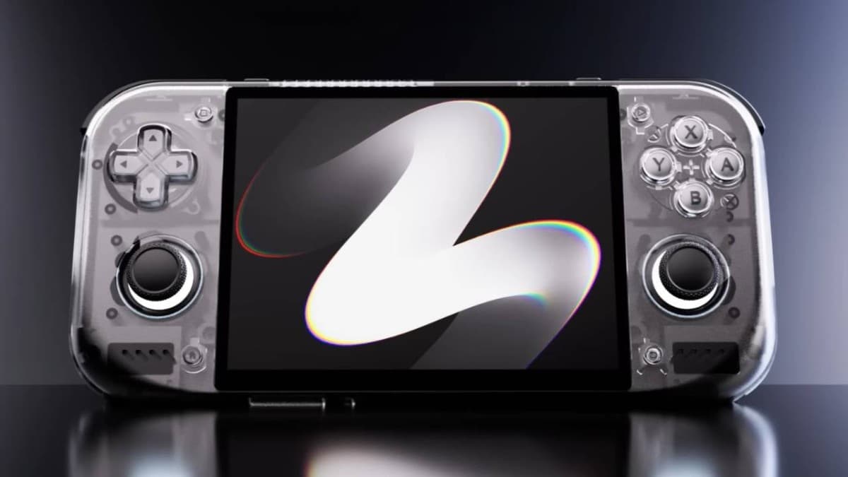 Retroid Pocket Nova handheld gaming device showing the 4:3 OLED display running a retro game
